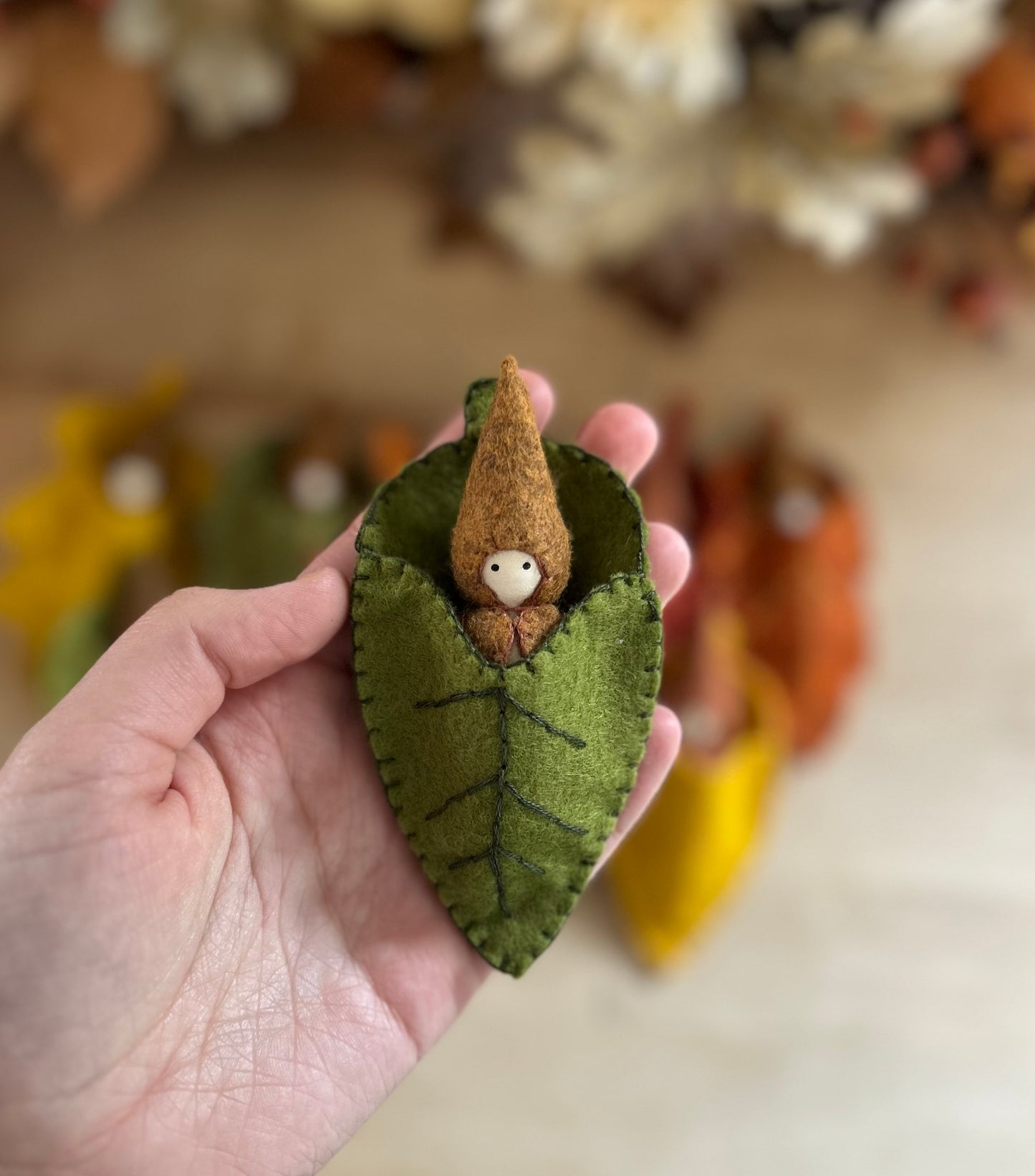 Miniature Peg Doll with Leaf Bed